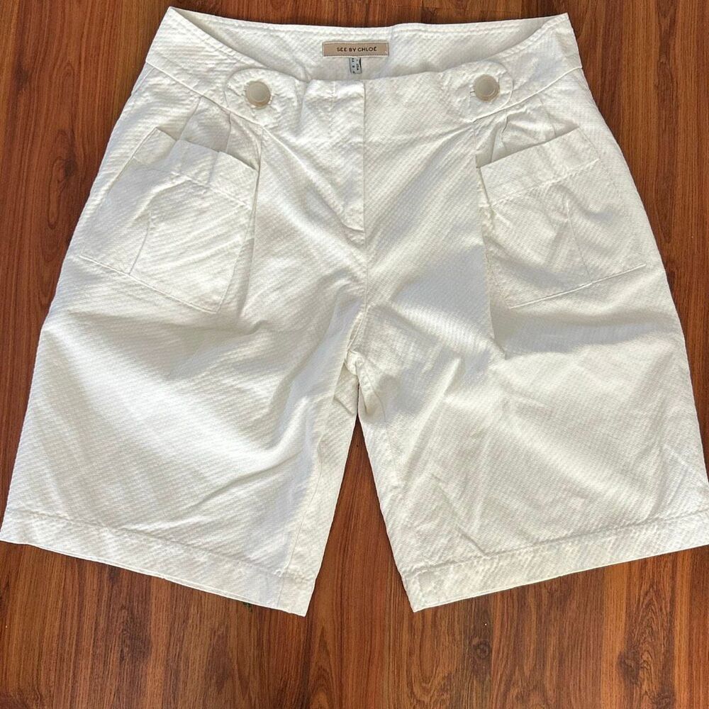 See by Chloe white cotton pique patch pocket Bermuda style shorts size 8